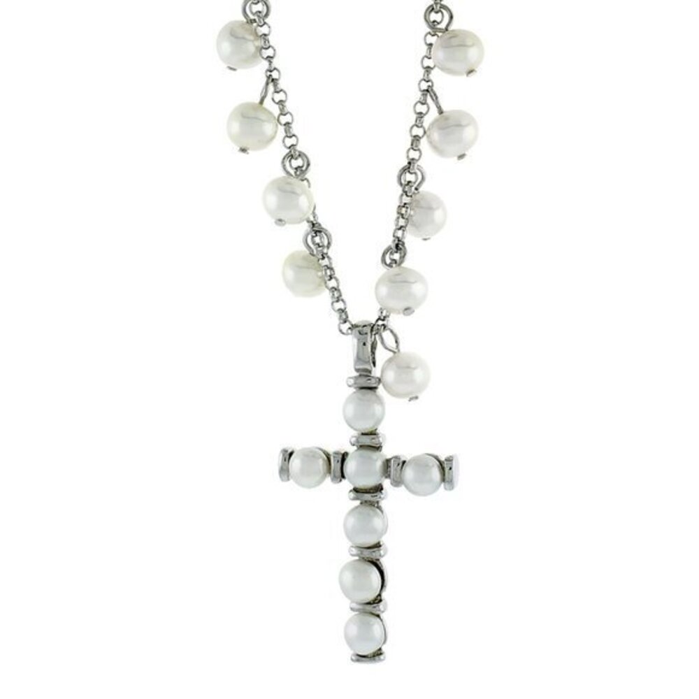 Sterling Silver 5mm 4mm Pearl Cross Necklace